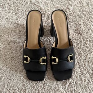 Ann Taylor Black Mules with Gold Buckles, rich look. Womens size 6.5